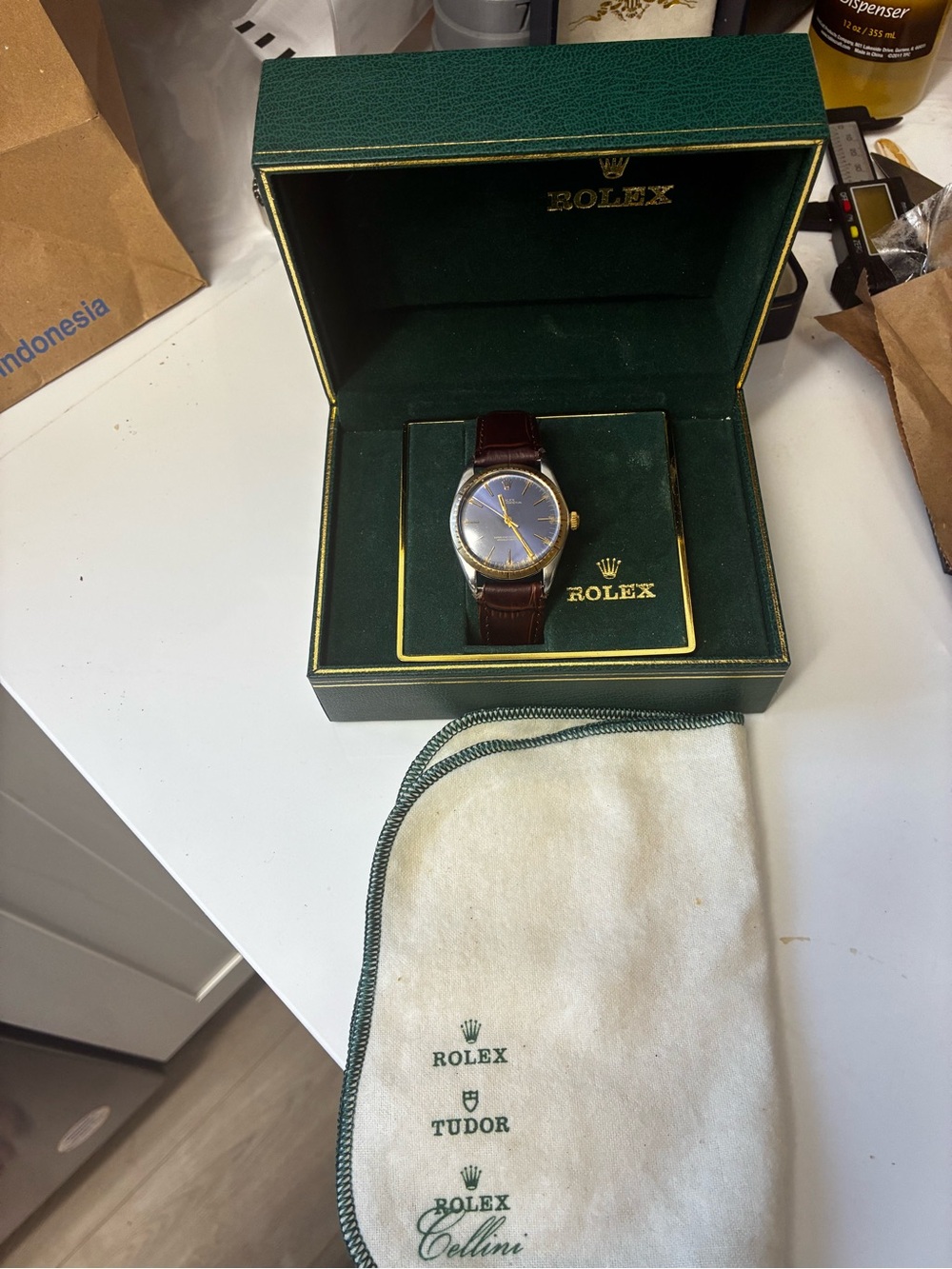 Rolex Oyster Perpetual 18k 35mm Blue Dial Fluted Bezel Watch 1005 W/Box